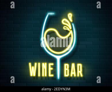 Retro neon wine glass sign on wall background Stock Vector