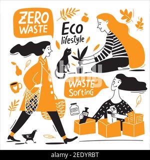 Eco lifestyle motivational vector design with zero waste doodle elements and lettering Stock Vector