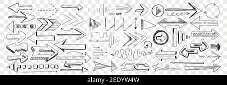 Arrows of different shapes and directions doodle set. Collection of hand drawn arrows left right navigating and attracting attention for orientation help isolated on transparent background Stock Vector