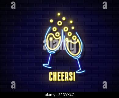 Retro neon wine glass sign on wall background Stock Vector