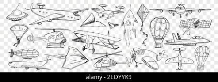 Various air vehicles during flight doodle set. Collection of hand drawn planes helicopters air balloons kites airplanes flying saucer parachute isolated on transparent background Stock Vector