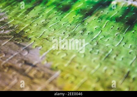 Jigsaw puzzle. Closeup of green jigsaw puzzle peices. Conceptual photo with focus on completed puzzle Stock Photo