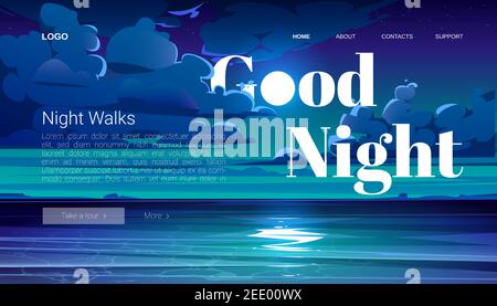 Night walks banner. Travel tour of evening walking on ocean beach. Vector landing page with cartoon summer landscape with sea, coastline and clouds on midnight sky Stock Vector