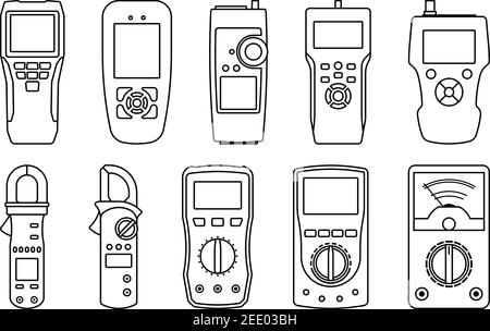 Multimeter. Clamp meters. Network tester. Vector thin line Stock Vector