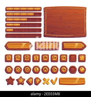Wooden and gold buttons for ui game, gui elements isolated on white background. Vector cartoon kit of brown banners, golden menu buttons in wood frame, arrows and progress bar for mobile game Stock Vector
