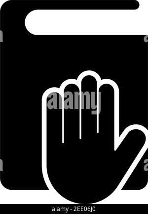 Taking Oath, Hand on Constitution or Bible. Flat Vector Icon illustration. Simple black symbol on white background. Taking Oath, Hand on Bible Book si Stock Vector