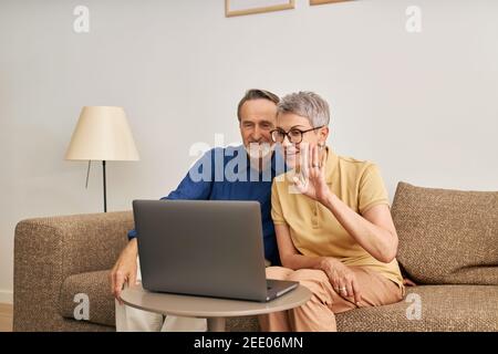 Cheerful senior couple using a laptop for video calling from the living room. Woman and man sitting in front of a laptop. Stock Photo