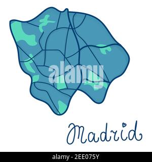 Cartoon colored flat map of the center of Madrid. Funny cute European Spanish city map. Vector illustration. Stock Vector