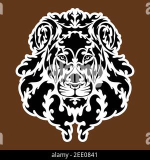 Hand drawn abstract portrait of a lion. Sticker. Vector stylized illustration isolated on brown background. Stock Vector