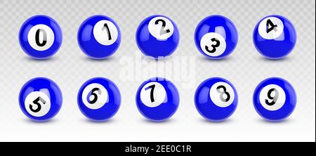 Blue billiard balls with numbers from zero to nine. Vector realistic set of shiny balls for pool game or lottery. Glossy spheres with reflection and shadows for leisure playing and sport competitions Stock Vector