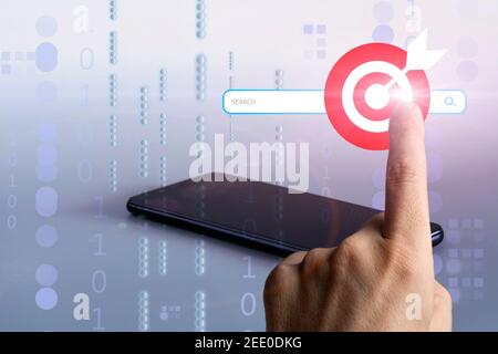 Businessman hand touching search bar of internet browser. Search target. Data Information Networking and business technology concept Stock Photo