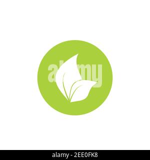 two white leaves in green circle. eco icon. isolated on white. Vector illustration. Green flat leaves. Leaf organic icon. Stock Vector