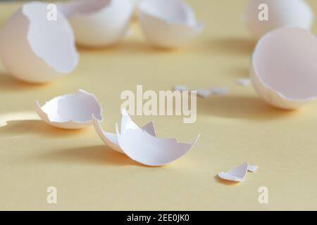 broken egg shell on yellow background with space for text, begging of life concept Stock Photo