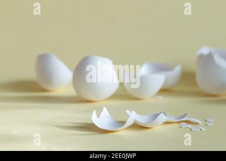 broken egg shell on yellow background with space for text, begging of life concept Stock Photo