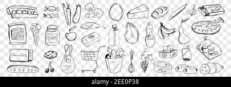 Foods from grocery purchase doodle set. Collection of hand drawn fresh bread cheese vegetables fruits eggs fish pizza cookies sweets salt dairy products bought in supermarket on transparent background Stock Vector