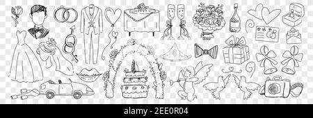 Wedding marriage accessories doodle set. Collection of hand drawn rings costumes angels cake wedding car champagne and festive attributes for celebrating wedding isolated on transparent background Stock Vector