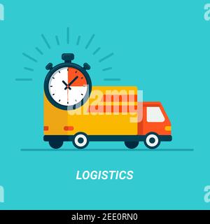 Logistics concept. Delivery service Truck. Flat style on blue. Fast Shipping by car or truck. Express delivery. Van flat icon on blue background. Stock Vector