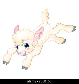 Funny cartoon white jumping lamb. Cute animal. Vector illustration isolated on white background. For card, poster, design, greeting, stickers, room de Stock Vector