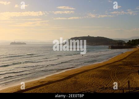 Early spring morning view of the first beach Sardinero Santander Cantabria Spain with the Magdalena palace and Moors Island Stock Photo