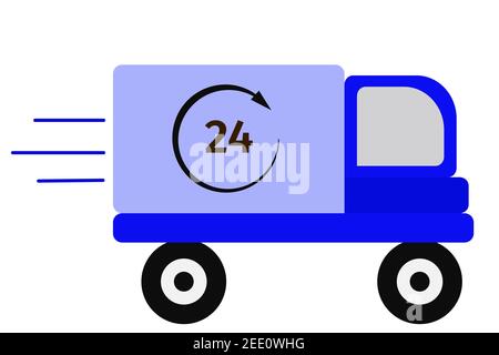 Delivery of goods, auto. Vector, cargo truck in blue. Round the clock, delivery 24 hours, cargo transportation. Flat illustration, concept. Stock Vector