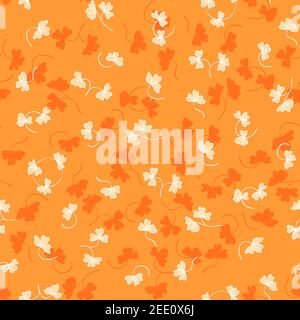 Trendy seamless floral pattern with ornament. Colorful flowers on orange background. Simple minimalistic pattern with nature elements. Vector Stock Vector