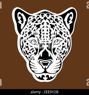 Hand drawn abstract portrait of a leopard or jaguar. Sticker. Vector stylized illustration isolated on brown background. Stock Vector