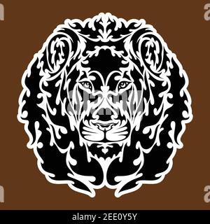 Hand drawn abstract portrait of a lion. Sticker. Vector stylized illustration isolated on brown background. Stock Vector