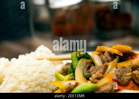 Delicious Cow Meat and the Rice in a Plate Stock Photo