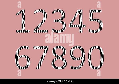 Decorative black and white numbers with animal ornament. Zebra skin. Textured curved lines effect with imprint appearance. Template design for card Stock Vector