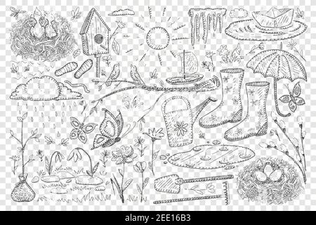 Spring and farming doodle set. Collection of hand drawn birdhouse butterflies boots umbrella shovel plants trees paper ships on puddle chicks in nest sun shining isolated on transparent background Stock Vector