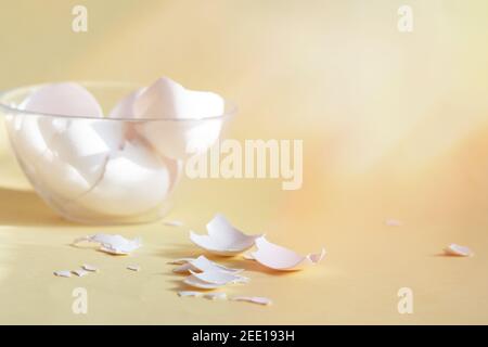 broken egg shell on yellow background with space for text, begging of life concept Stock Photo