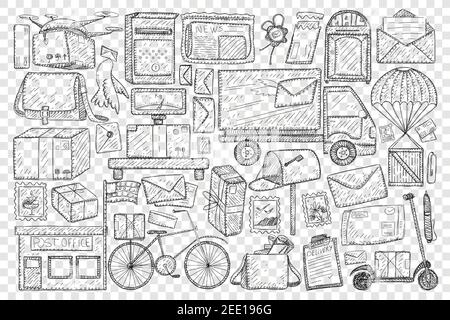Post office and sending letters doodle set. Collection of hand drawn post office and box truck for delivering post bicycle for postman bag dove with letter scooter isolated on transparent background Stock Vector
