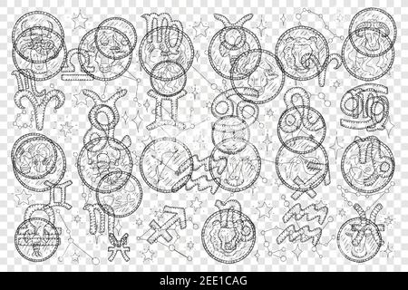 Zodiac signs and moon calendar doodle set. Collection of hand drawn taurus scorpio capricorn gemini aquarius virgo libra constellation sagittarius isolated on transparent background Stock Vector