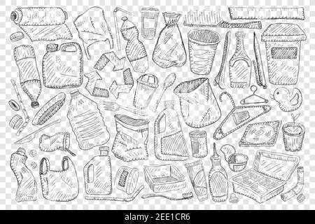 Reusable household and materials for home doodle set. Collection of hand drawn toothbrush hangers sacks baskets canisters tubes and jars for keeping things at home isolated on transparent background Stock Vector