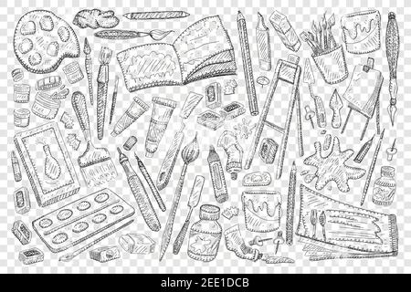 Tools for painting and drawing doodle set. Collection of hand drawn colours brush pencils paper easel gouache eraser jars albums and tools for painters isolated on transparent background Stock Vector