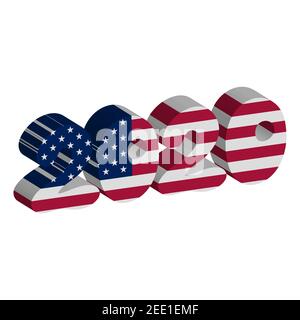 Text 2020 with American flag inside the text. 3D Vector illustration on striped background. American flag in letters. National emblem. Patriotic Stock Vector
