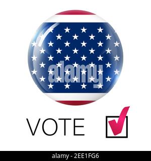 USA vote 2020. Elections in America. Voting for the president of America. Glass light ball with flag of USA. Round sphere, template icon. American Stock Vector