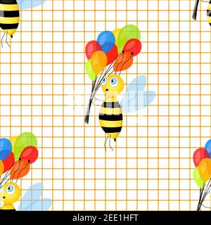 Seamless pattern with Cartoon cute bee mascot. A cheerful bee with colorful balloons on grid paper background. Small wasp. Vector character. Insect Stock Vector