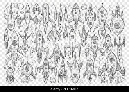 Rockets during flight doodle set. Collection of hand drawn various rockets spaceships during flight with engines and wings isolated on transparent background Stock Vector