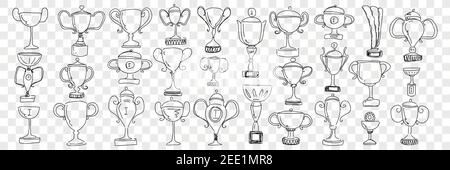 Winners cups and trophies doodle set. Collection of hand drawn golden champion cups trophy for first prize and win in championship or sport competition isolated on transparent background Stock Vector
