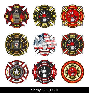 Fire department badges, firefighter team cross shaped emblems with fireman in uniform, helmet and gas mask standing in flame, firefighter tools and eq Stock Vector