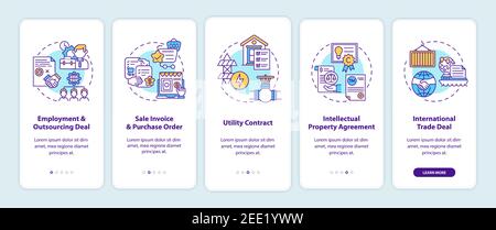 Common commercial contracts types onboarding mobile app page screen with concepts Stock Vector