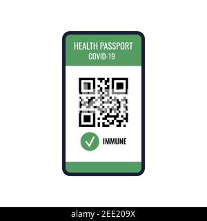 Health passport COVID-19 on mobile phone screen with qr-code and check mark immune. Stock Vector