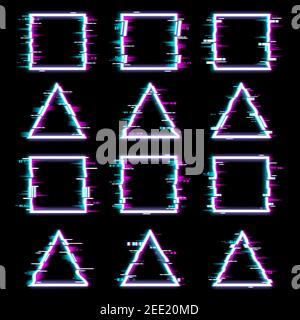 Glitch frames vector distorted neon glowing pixelized borders of triangle and square shapes isolated on black background. Television no signal tv scre Stock Vector
