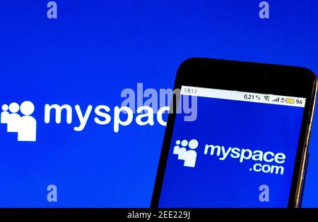 Ukraine. 15th Feb, 2021. In this photo illustration, a MySpace logo seen displayed on a smartphone. Credit: Igor Golovniov/SOPA Images/ZUMA Wire/Alamy Live News Stock Photo