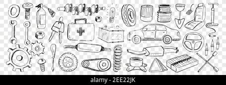 Tools for car repairing doodle set. Collection of hand drawn cars keys shovel screwdriver engine kit wheel nut pump steering wheel exhaust pipe isolated on transparent background Stock Vector