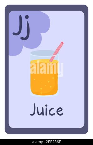 Abc food education flash card, Letter J - juice. Cartoon design template with colorful alphabet education card. Collection on violet backdrop. Stock Vector