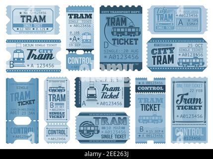 Tram tickets retro, city public transport and rail vehicles trip vector coupons. Vintage one way and trip tickets templates of blue paper and cardboar Stock Vector