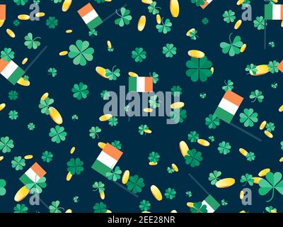 Gold coins, clover and Irish flag seamless pattern for Saint Patrick's Day. Four-leafed and three-leafed clover. Background for printing on paper, adv Stock Vector
