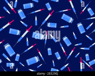Syringe and vials seamless pattern. Coronavirus vaccine bottle and syringe for injection. Vaccination against covid-19. Vector illustration Stock Vector